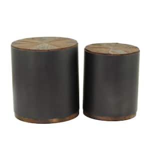 19 in. Black Large Round Wood End Accent Table with Brown Wood Top (2- Pieces)