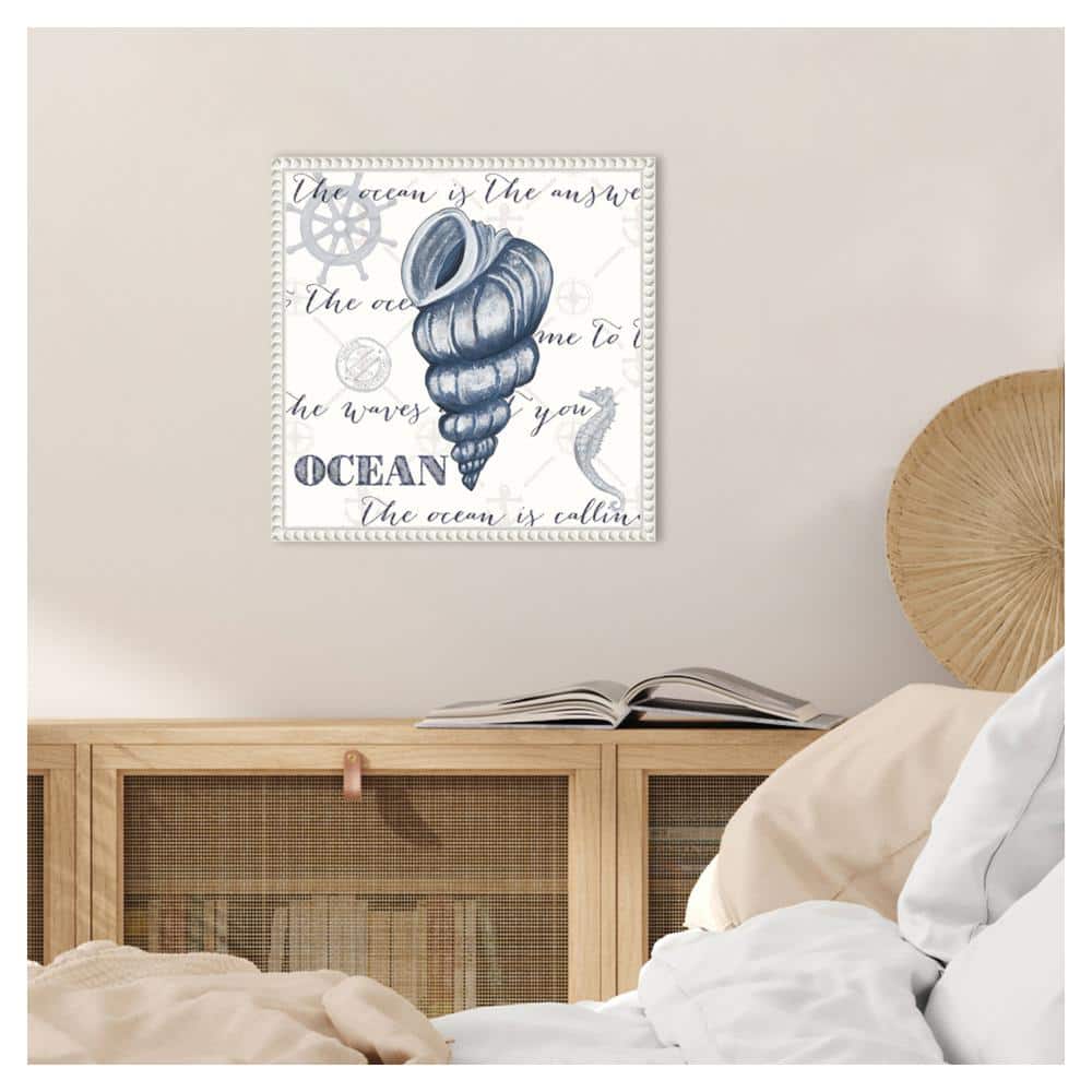 Indigo Ocean Treasures I Coastal Canvas Wall Art with White Beaded Frame