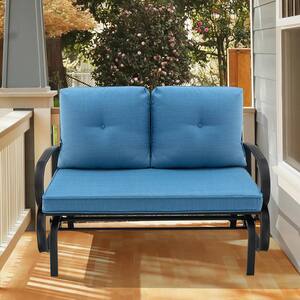 2-Person Metal Outdoor Glider Bench Rocking Loveseat Armrest with Blue Cushions
