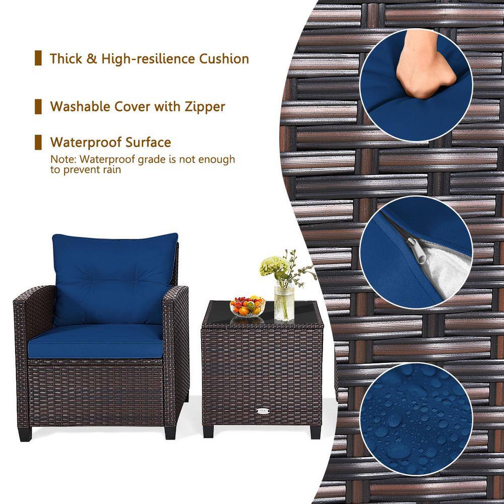 3-Piece Navy Cushioned Brown Steel Rattan Patio Set
