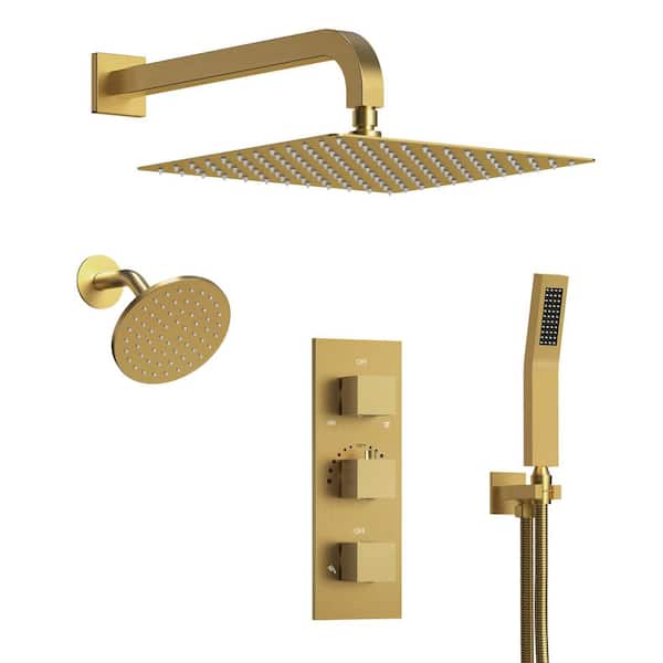 5-Spray Square 12 in. Rain Wall Mount Shower System with 6 in. Shower Head Handheld Shower in Brushed Gold 2.5 GPM
