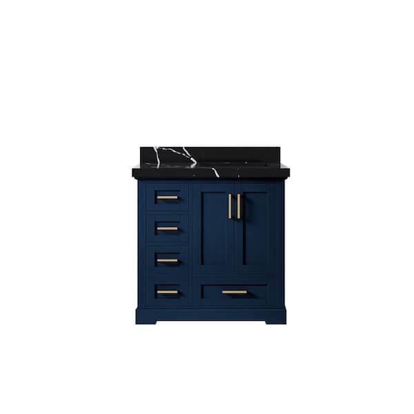 Willow Collections Boston 36 in. W x 22 in. D x 36 in. H Right Offset Single Bath Vanity in Navy Blue with 2 in. Calacatta Black qt Top