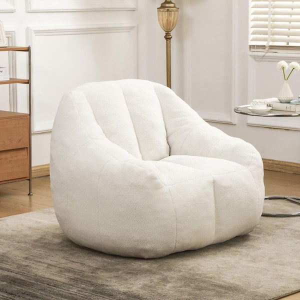 Light White Teddy Fabric Bean Bag, Floor Sofa Chair with Memory Foam for Dorm, Apartment, Living Room