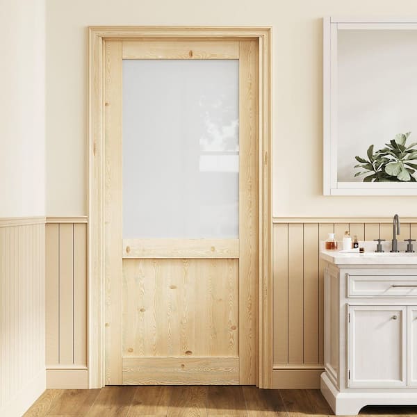 36 in. x 80 in. 1/2-Lite Frosted Glass Left Solid Core Pine Wood Assembly Required Single Interior Door with Frame Set
