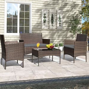 4-Piece Wicker Patio Conversation Set, Outdoor Furniture Set Chair with Gray Cushions