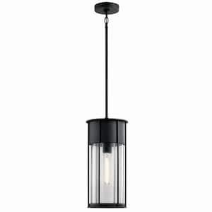 Camillo 18 in. 1-Light Textured Black Outdoor Porch Hanging Pendant Light with Clear Seeded Glass (1-Pack)