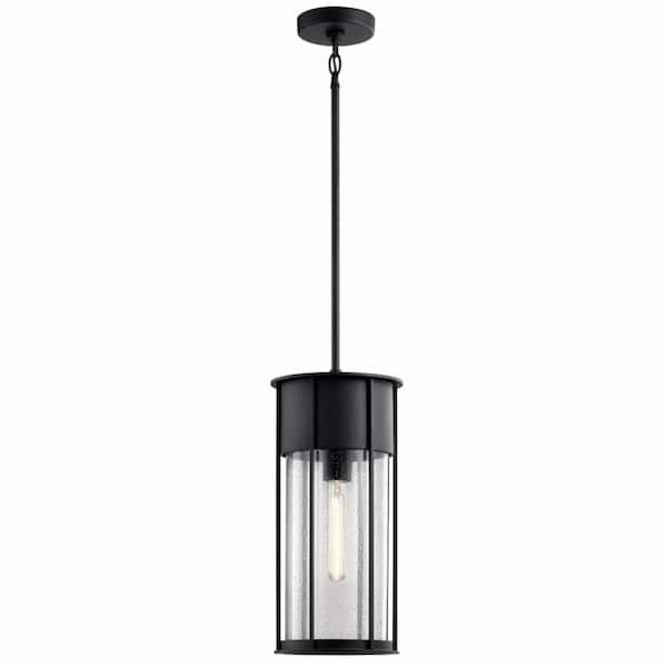 KICHLER Camillo 18 in. 1-Light Textured Black Outdoor Porch Hanging Pendant Light with Clear Seeded Glass (1-Pack)