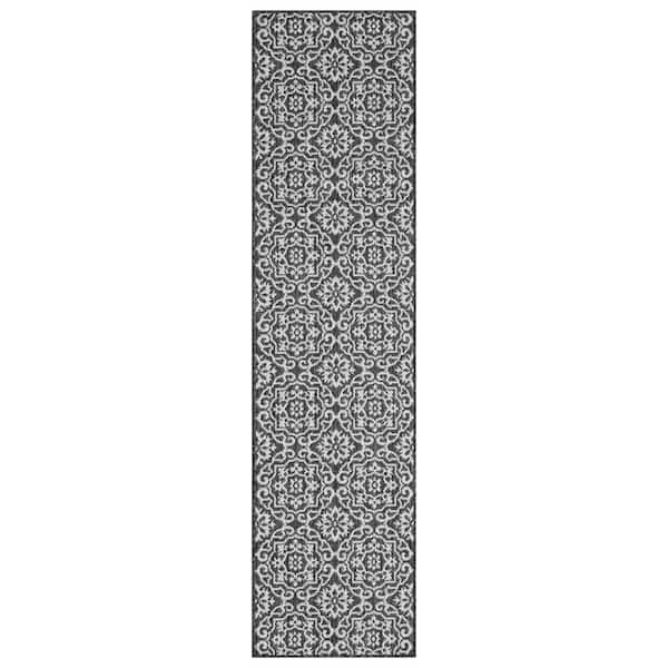 Nicole Miller Patio Country Danica Black/Grey 2 ft. x 7 ft. Geometric Indoor/Outdoor Area Rug
