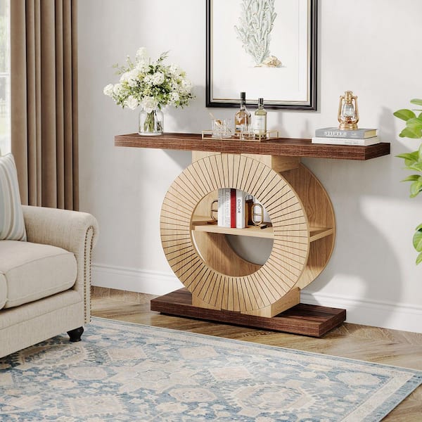 BYBLIGHT Terrella 39.3 in. Brown Rectangle Engineered Wood Console Table with Shelves and Circle Base
