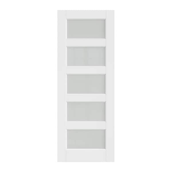 30 in. x 80 in. 5-Lite Tempered Frosted Glass White Solid Core Primed Wood Interior Door Slab