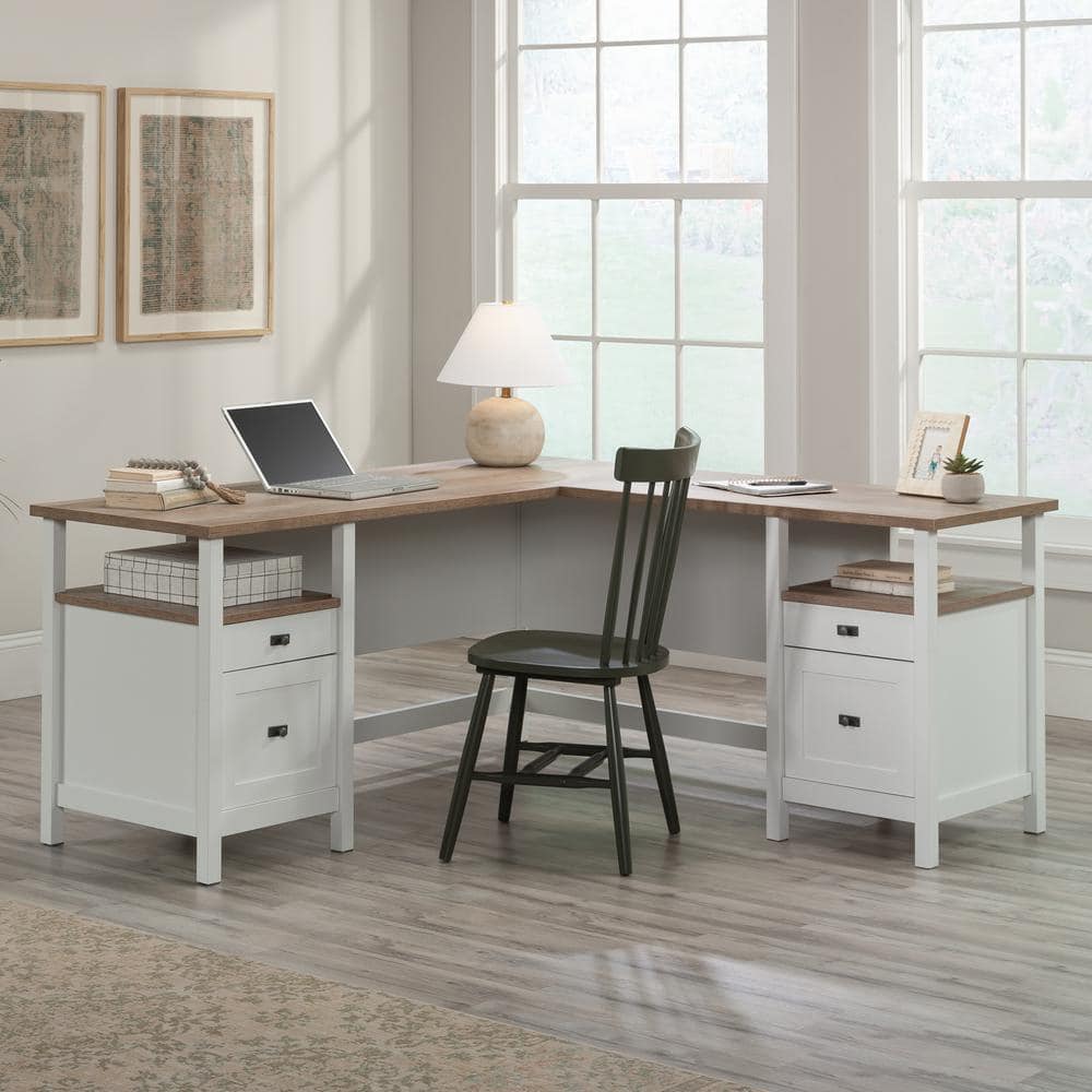Cottage Road Coastal White Wood L-Shaped Desk with Black Hardware