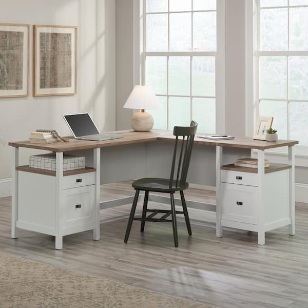 SAUDER Cottage Road 65.118 in. L-Shape White Computer Desk with File Storage and Cord Management