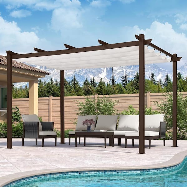 PURPLE LEAF 10 ft. x 13 ft. Bronze Aluminum Frame Outdoor Patio Pergola Gazebo with White Retractable Sun Shade Canopy for Porch