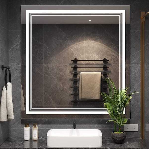 Unbranded 36 in. W x 36 in. H Square Aluminum Framed Anti-Fog LED Lighted Wall Bathroom Vanity Mirror in Silver