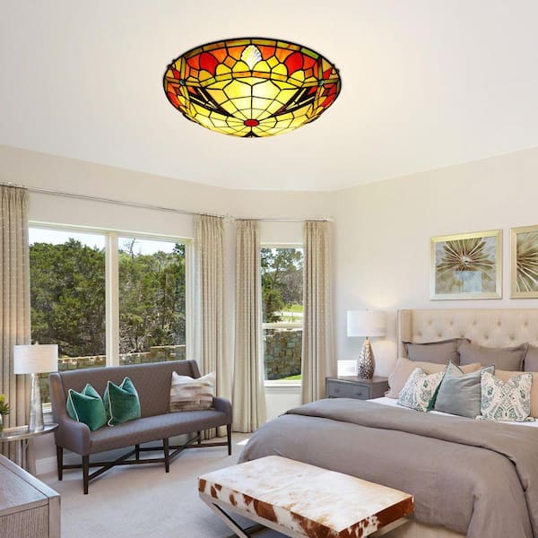 OUKANING 15.7 in. 3-Light Multicolored Mosaic Tiffany Flush Mount