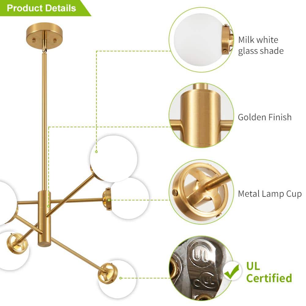 Gold Sputnik 6-Light Chandelier with White Glass Shades