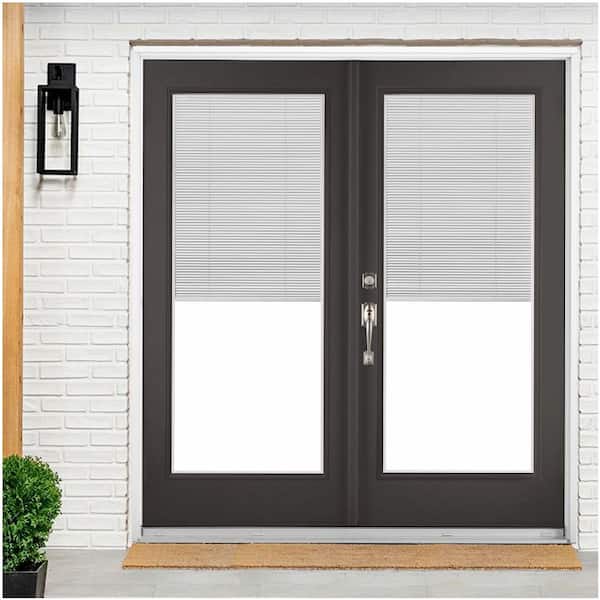 72 in. x 80 in. Black Right-Hand Inswing Fiberglass Full Lite LOE Blinds Glass Hinged Patio Door