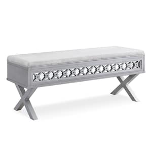 Favorite Finds 19 in. Silver Leaf Solid Wood Mirrored Diamond Filigree X Base Bench with 2 Bookcase for Bedroom or Foyer