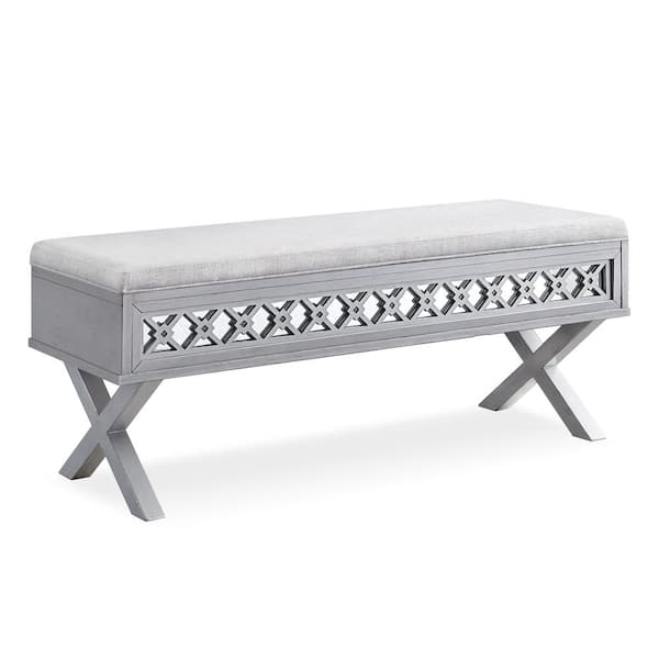 Leick Home Favorite Finds 19 in. Silver Leaf Solid Wood Mirrored Diamond Filigree X Base Bench with 2 Bookcase for Bedroom or Foyer
