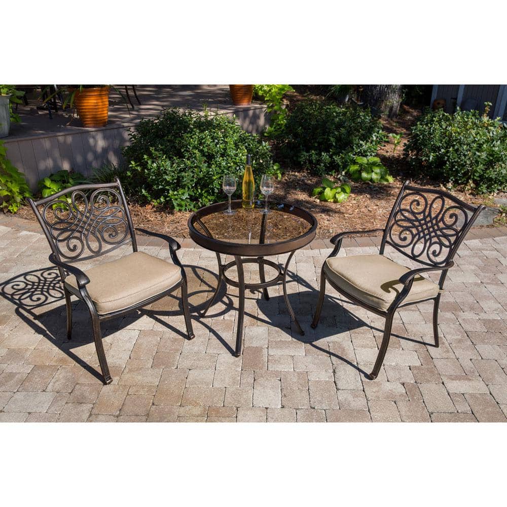 Hanover Traditions Bronze 3-Piece Aluminum Outdoor Bistro Set with Natural Oat Cushions -  TRADDN3PCG