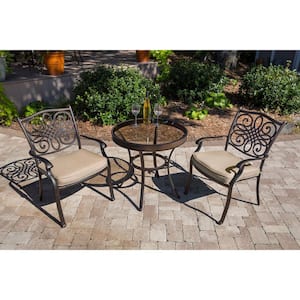 Traditions Bronze 3-Piece Aluminum Outdoor Bistro Set with Natural Oat Cushions