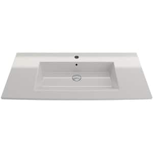 Ravenna Wall-Mounted 40.5 in. 1-Hole White Fireclay Rectangular Vessel Sink with Overflow