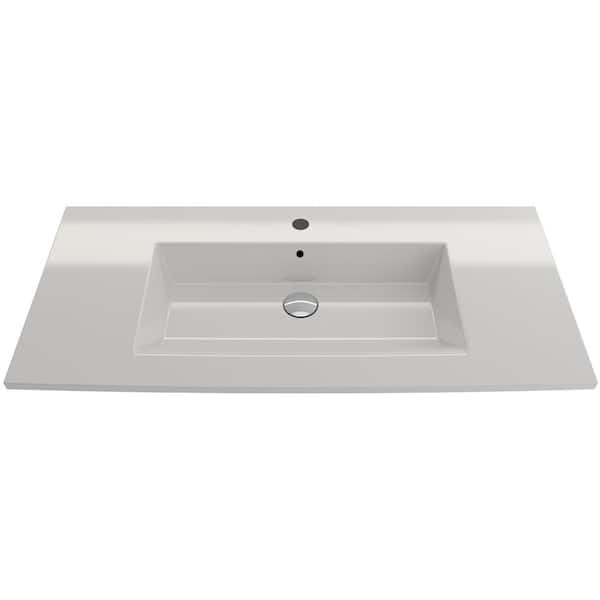 BOCCHI Ravenna Wall-Mounted 40.5 in. 1-Hole White Fireclay Rectangular Vessel Sink with Overflow