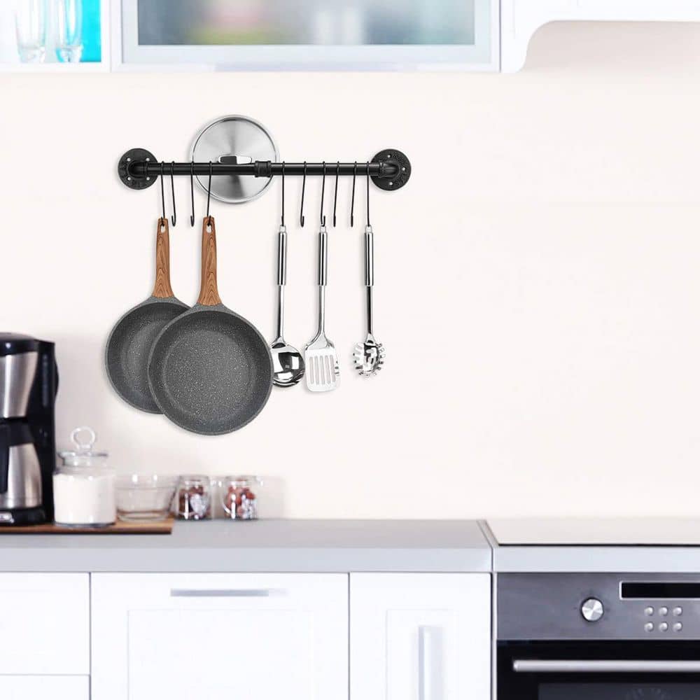 23.7 in. Black Wall Mounted Detachable Pot Rack Hanging Pot Rack with 10 Hooks for Kitchen Wall Pan Lid Utensils Storage