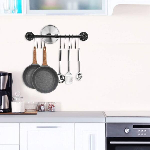 23.7 in. Black Wall Mounted Detachable Pot Rack Hanging Pot Rack with 10 Hooks for Kitchen Wall Pan Lid Utensils Storage