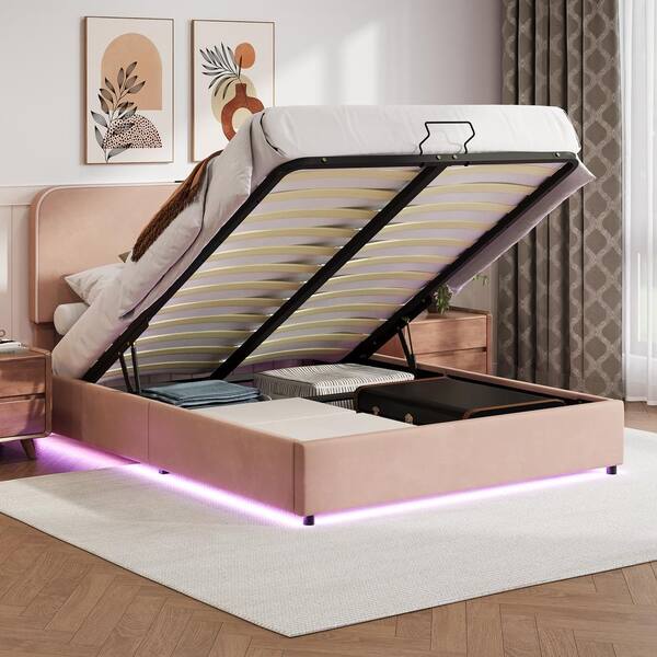 Harper & Bright Designs Pink Wood Frame Full Size Upholstered Platform Bed Hydraulic Storage Bed with RGB LED Light and Bluetooth Speaker