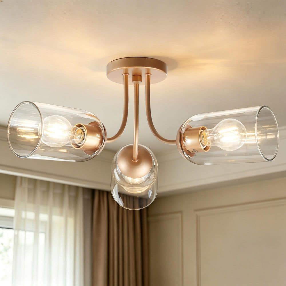 22 in. 3-Light Modern Sputnik Satin Gold Semi-Flush Mount Ceiling Light with Clear Cylinder Glass for Foyer, Kitchen price history on PriceWatchPro