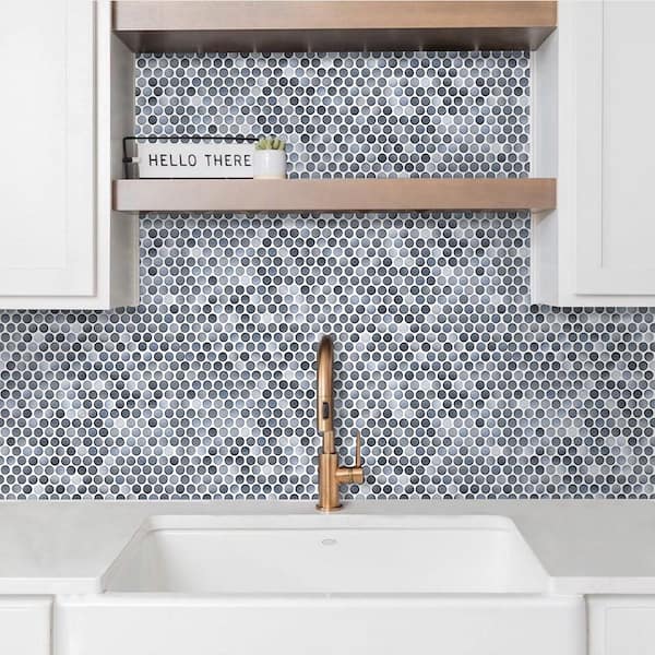 Porcetile Round Multi Gray 12.41 in. x 11.46 in. Penny Glossy Porcelain Mosaic Wall and Floor Tile (9.9 sq. ft./Case)
