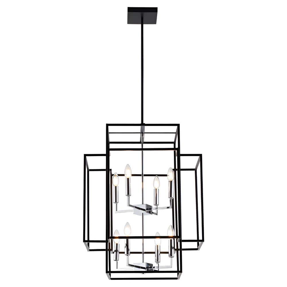 Decomus 8-Light Polished Chrome and Black Square Cage Chandelier for kitche