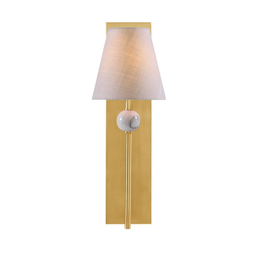 Warm Brass Wall Sconce with White Fabric Shade and Marble Accent