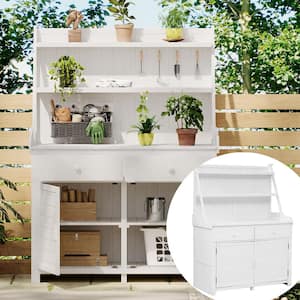 65 in. Garden Potting Bench Table, Fir Wood Workstation with Storage Shelf, Drawer and Cabinet, White