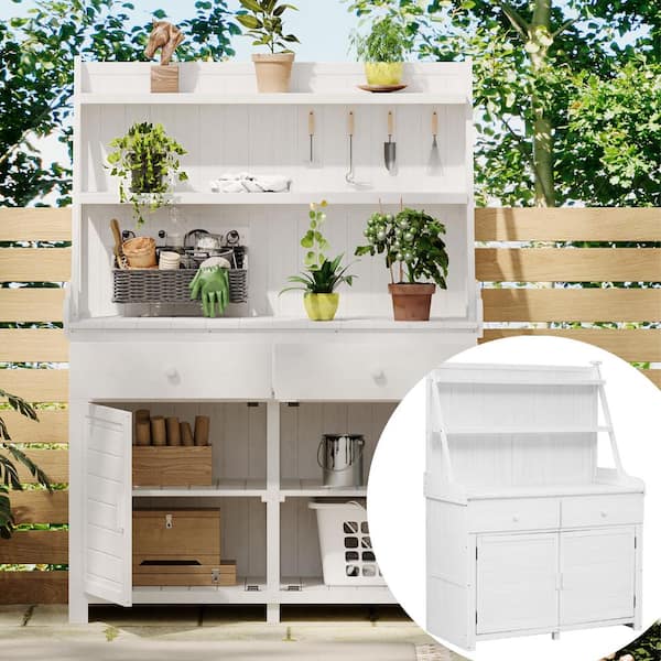 ToolCat 65 in. Garden Potting Bench Table, Fir Wood Workstation with Storage Shelf, Drawer and Cabinet, White