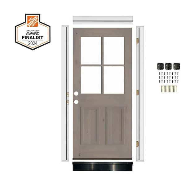 DIY RTA Kit 32in.x80in. Right-Handed 4 Lite Clear Glass Window Grey Stain Knotty Alder Wood Ready To Assemble Front Door