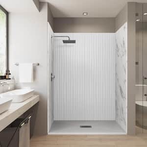 60 in. L x 32 in. W x 84 in. H Alcove Solid Composite Stone Shower Kit Waves/Carrara Walls & Center w/ White Shower Pan