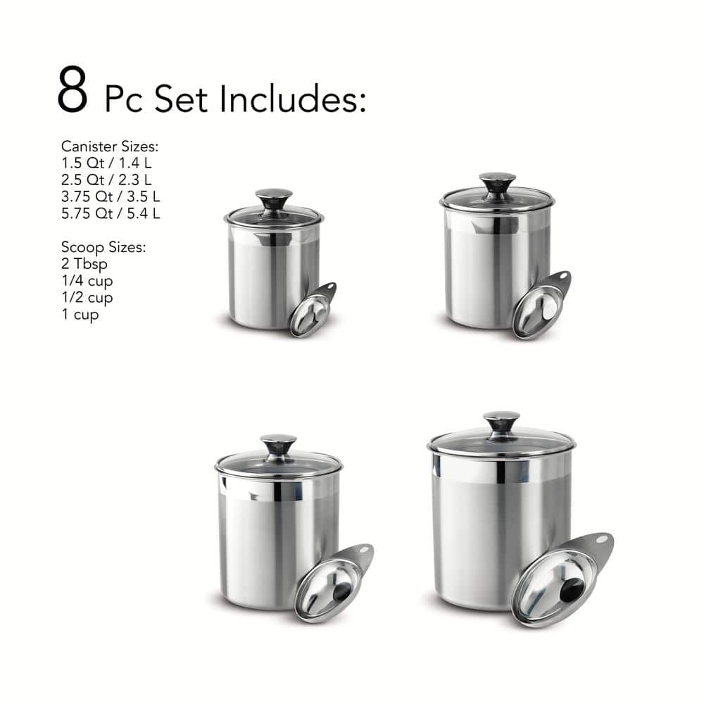 Stainless Steel 8-Piece Canister and Scoop Set with Glass Lids