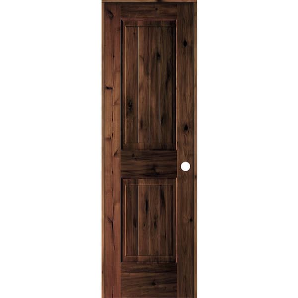 Krosswood Doors 24 in. x 80 in. Knotty Alder 2 Panel Left-Hand Square Top V-Groove Red Mahogany Stain Wood Single Prehung Interior Door