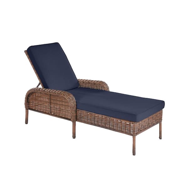 Cambridge Brown Wicker Outdoor Chaise Lounge with Blue Cushions 
