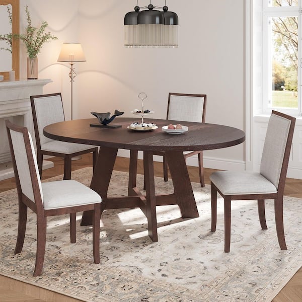 5-Piece Dark Espresso Farmhouse Extendable Oval Wood Top Dining Table Set with 18 inch Removable Leaf and 4 Chairs