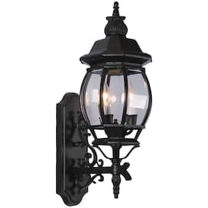 3-Light Black Hardwired Outdoor Coach Light Sconce with Clear Beveled Glass Shade