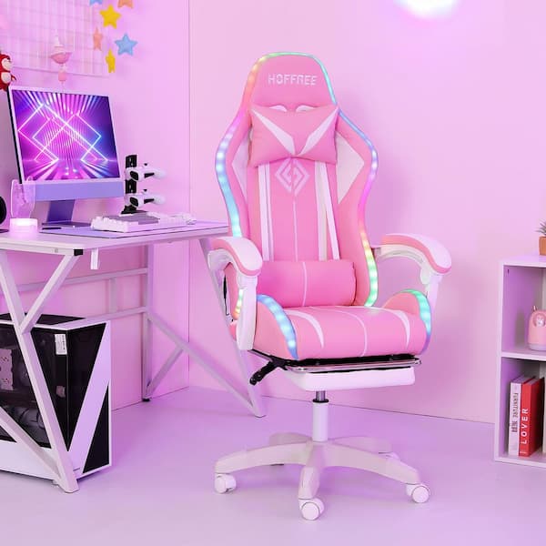 Hoffree Faux Leather Massage Reclining Ergonomic Gaming Chair in Pink/White with LED Lights Adjustable Arms