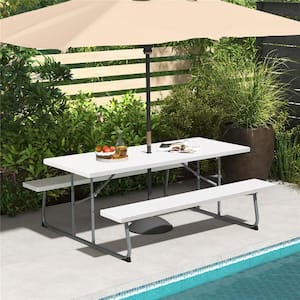 72 in. White Rectangle Metal Picnic Tables Seats 8 with Umbrella Hole