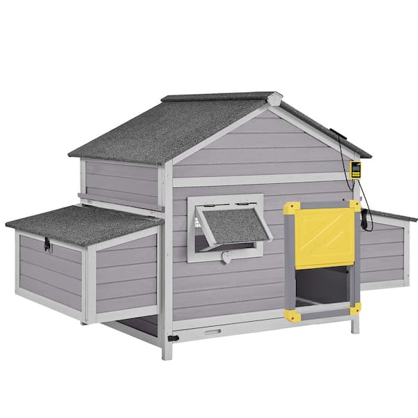 Wooden Chicken Hen House for 2/4-Hens with Automatic Chicken Door (Gray Frame)
