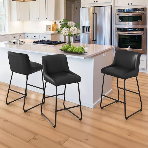 Mali 36 in. Black Metal Frame Faux Leather Counter Height Bar Stool with Premium Footrest and Non-Slip Footpads Set of 3