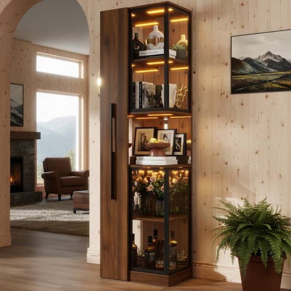 RISEN Dark Oak 70.28 in. Accent Storage Cabinet with Glass Doors, 5 Shelves and Adjustable LED Lighting