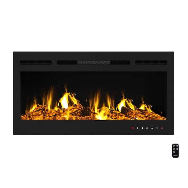 36 in. 5440 BTU Wall-Mount Electric Fireplace Furnace LED Flame, 2 Brightness Levels, 2 Media Options, Remote in Black