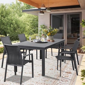 Grey 7-Piece Metal Outdoor Dining Set with Adjustable Folding Table